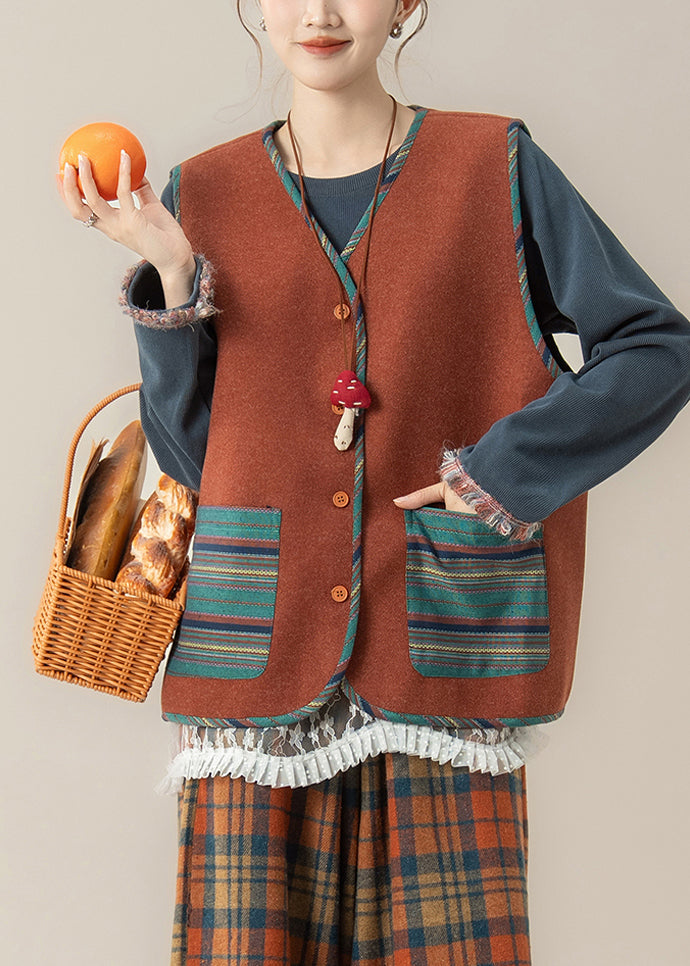 Red Striped Pockets Button Waistcoat and Top Two Piece Set Spring