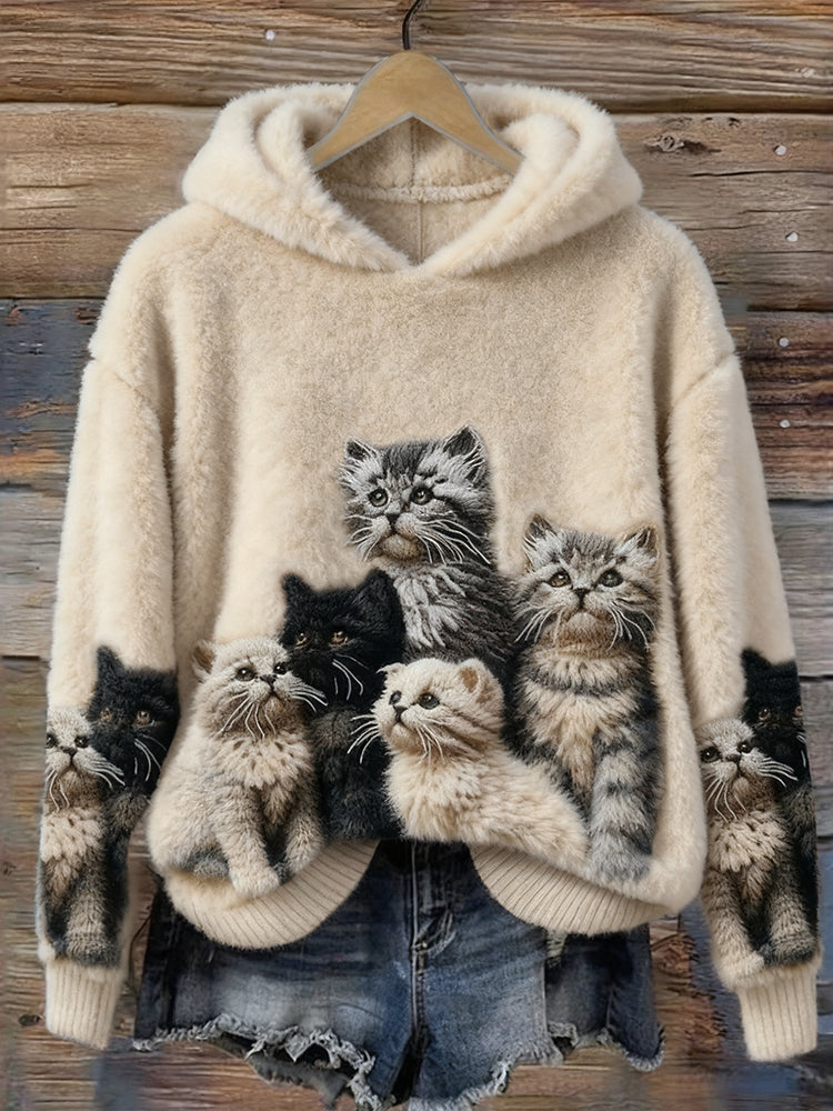Comstylish Lovely Fuzzy Cats Art Cozy Plush Hoodie