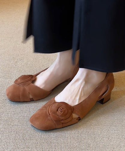 French Caramel Hollow Out Suede Chunky Sandals