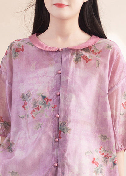 Purple Peter Pan Collar Print Patchwork Linen Shirt Tops Summer