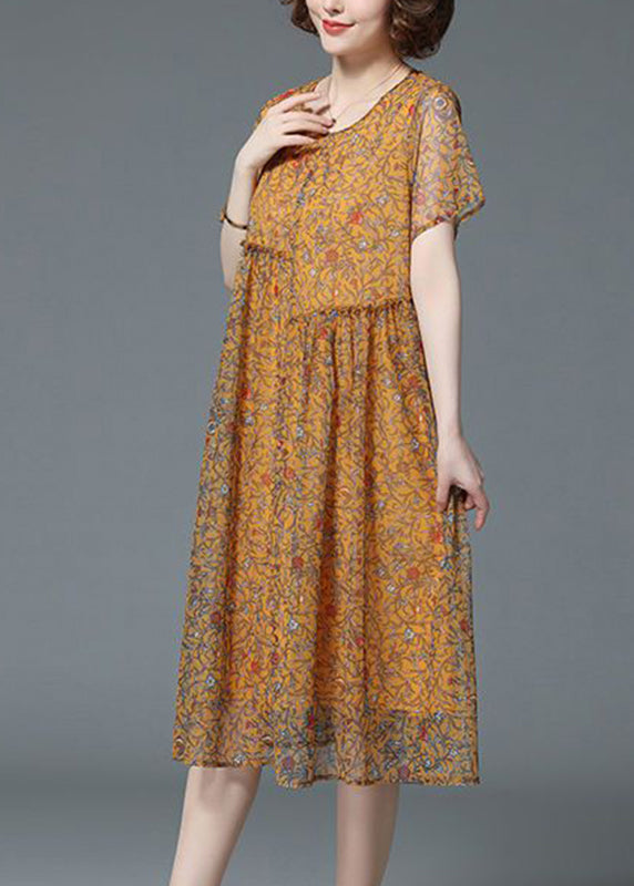Yellow O-neck Print Patchwork Tulle Long Dresses Summer