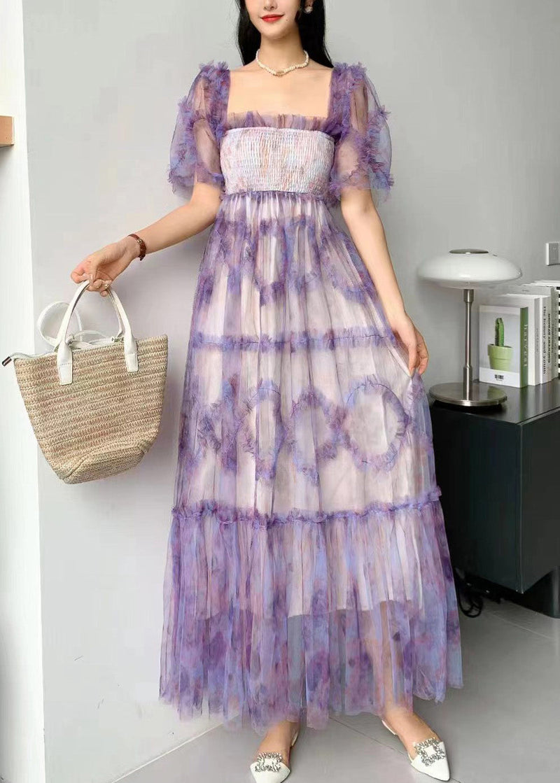 Blue Square Collar Ruffled Print Tulle Long Dress Summer