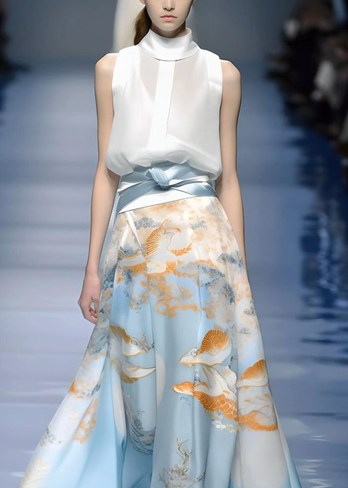Boutique Print White Shirts and Maxi Skirts Silk Two Piece Set Summer