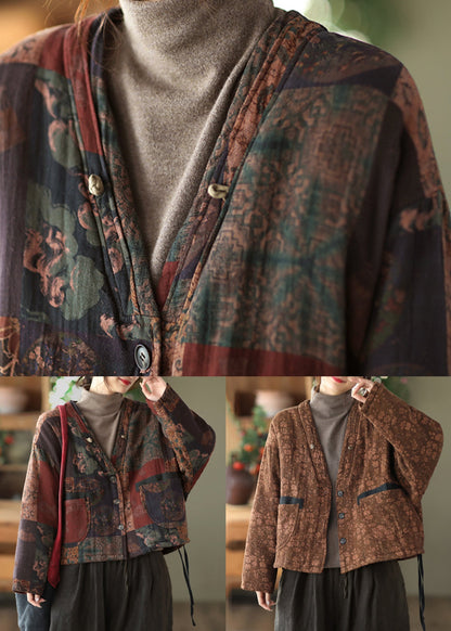 Khaki Button Pockets Patchwork Cotton Coat Fall