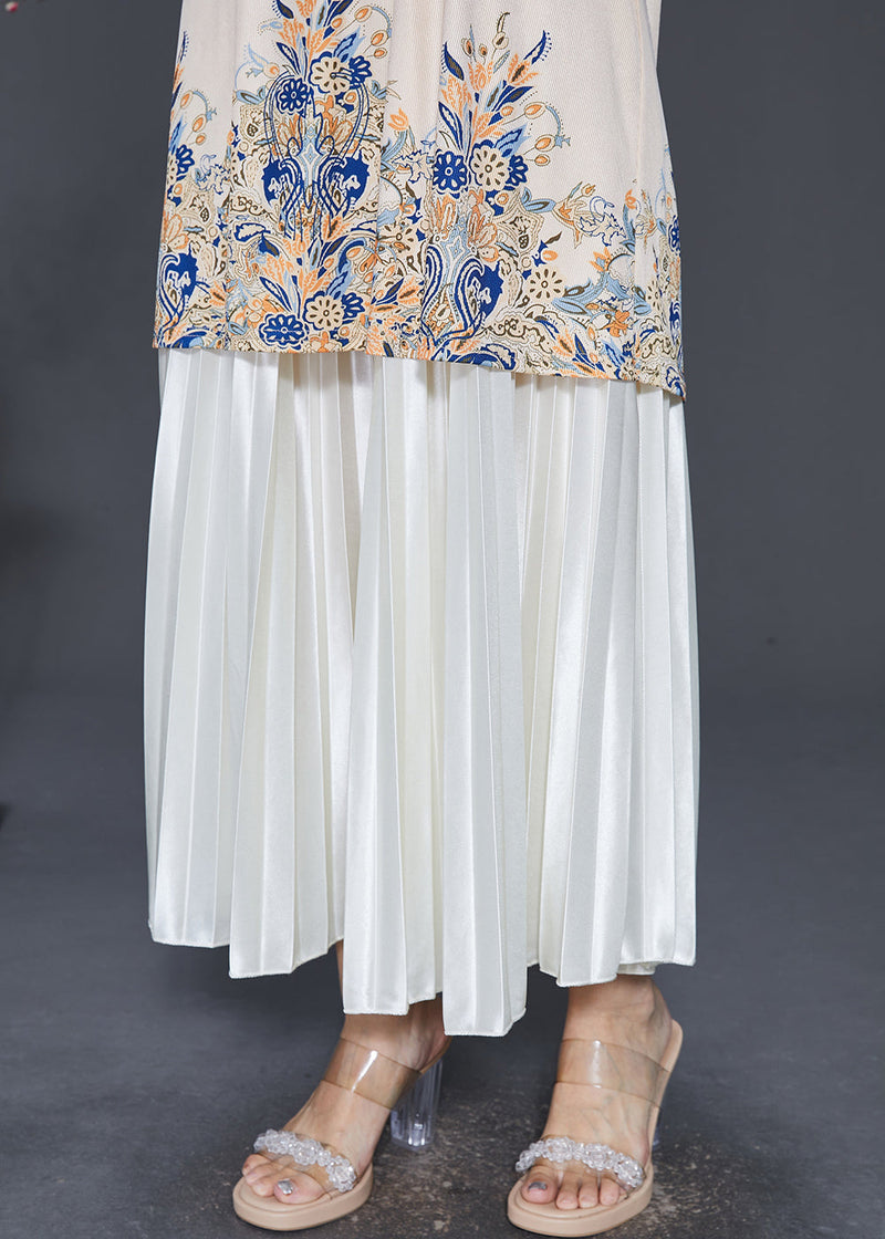 Boutique Apricot Mandarin Collar Print Silk Dress and Pleated Skirt Two Pieces Set Spring