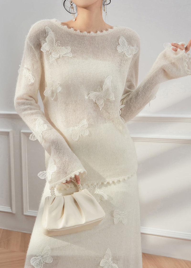 Slim Fit White Butterfly Sweaters and Skirts Knit Two Pieces Set Fall