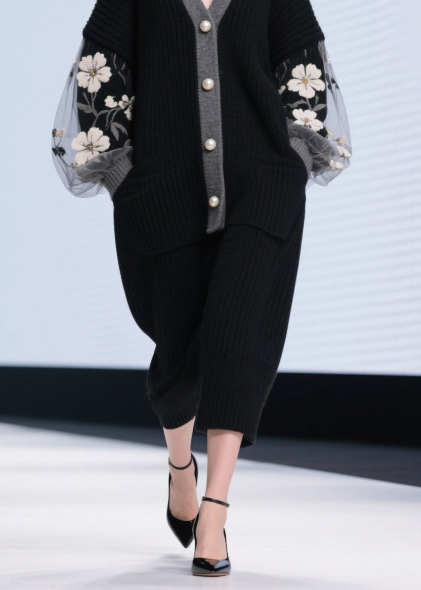 Black V Neck Tulle Patchwork Knit Cardigans Fall
