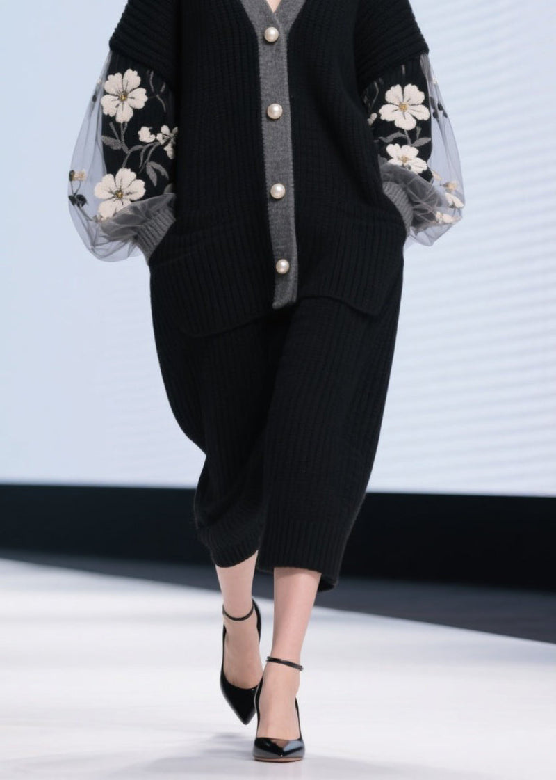Black V Neck Tulle Patchwork Knit Cardigans Fall