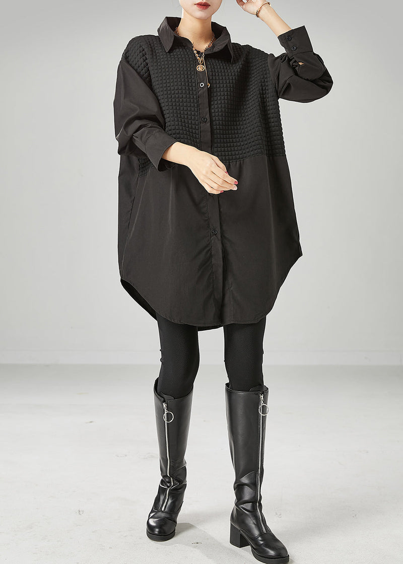 Black Patchwork Cotton Long Shirt Oversized Fall