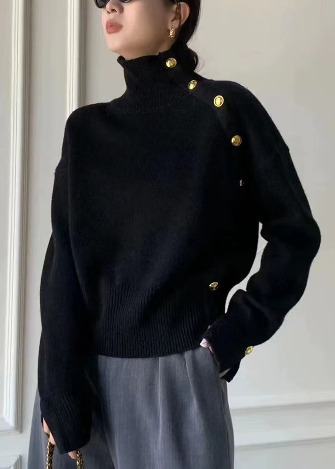 Grey Turtleneck Button Side Open Knit Sweater Winter
