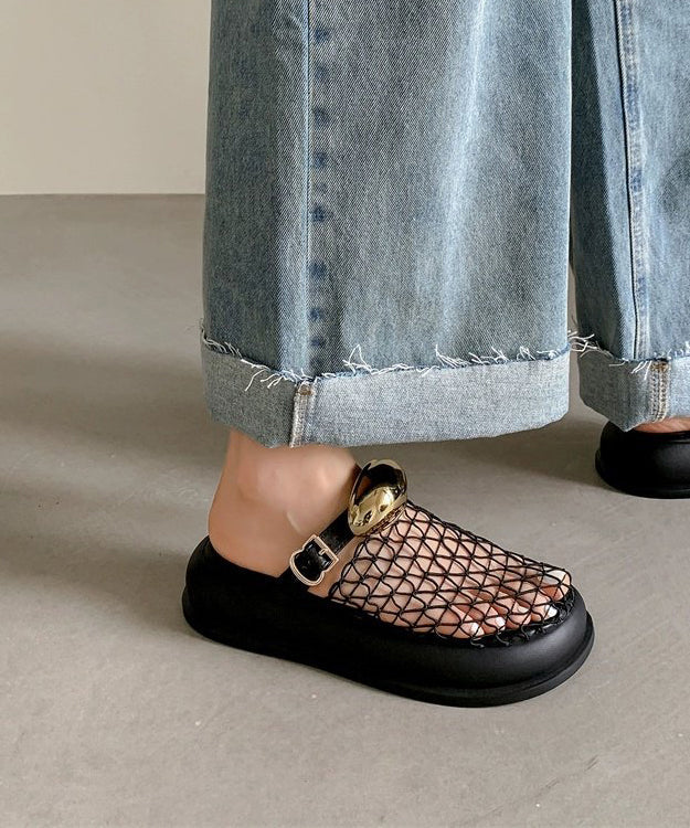 Black Hollow Out Breathable Mesh Platform Slide Sandals