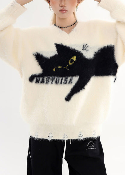 White Oversized Cat Cozy Hole Sweater Tops Winter