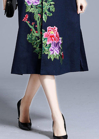 Navy Stand Collar Embroideried Button Coats Long Sleeve