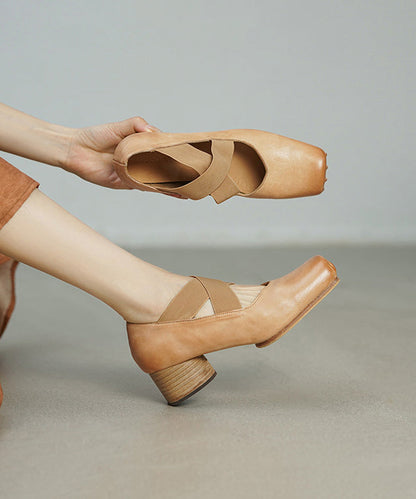 Pink Chunky Heel Horsehide Splicing Cross Strap