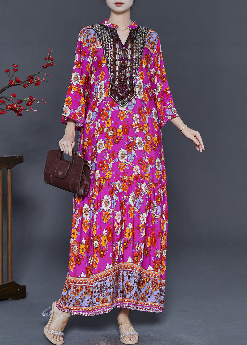 Diy Rose V Neck Print Cotton Vacation Dresses Summer