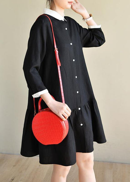 Black Long Sleeve Peter Pan Collar Patchwork Spring Cotton Dress