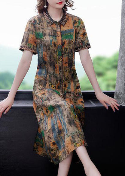 Yellow Peter Pan Collar Print Silk Dresses Summer