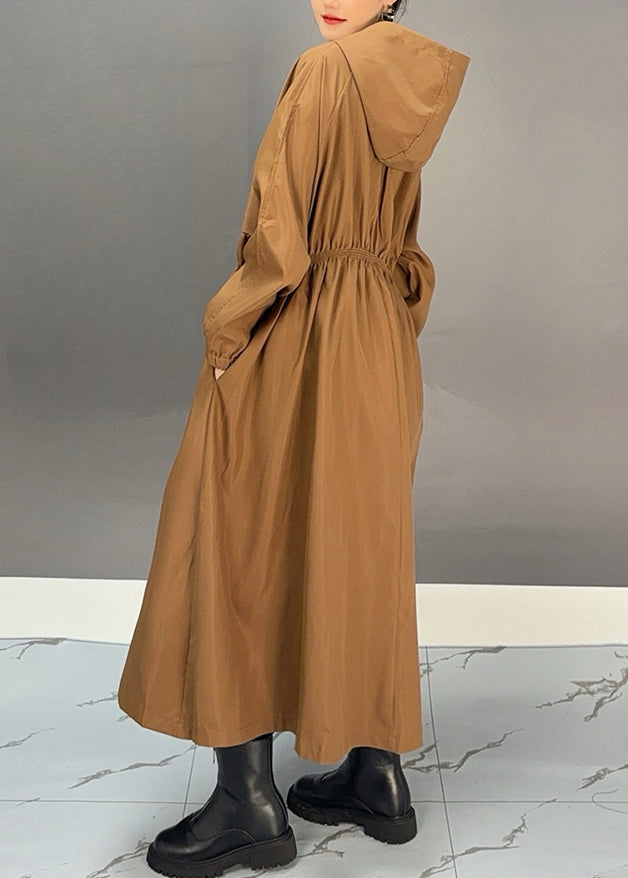 Choco Wrinkled Zippered Maxi Hooded Trench Coat Fall
