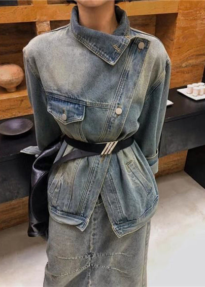 Blue Patchwork Button Sashes Denim Coats Spring
