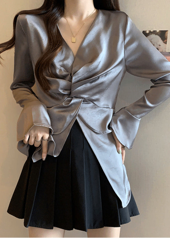 Grey Side Open Wrinkled Silk Shirt Tops Fall