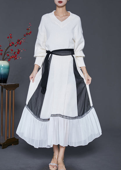 Style White V Neck Patchwork Knit Sweater and Skirt Two Pieces Set Spring