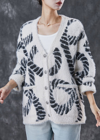 Black V Neck Print Knit Loose Coat Spring