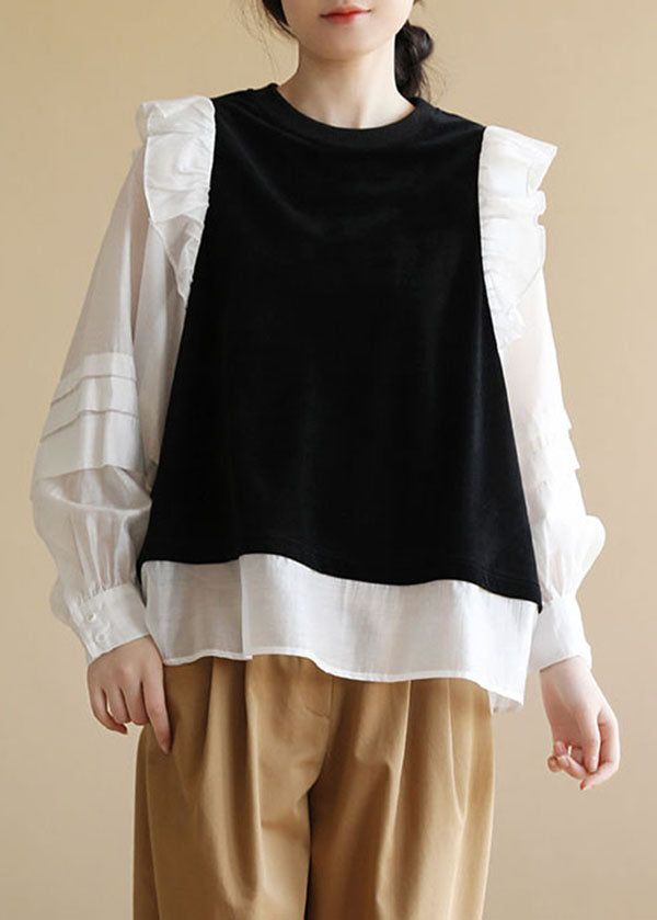 Unique Black White O-neck Ruffles Patchwork Cotton Fake Two Piece Shirt Long Sleeve