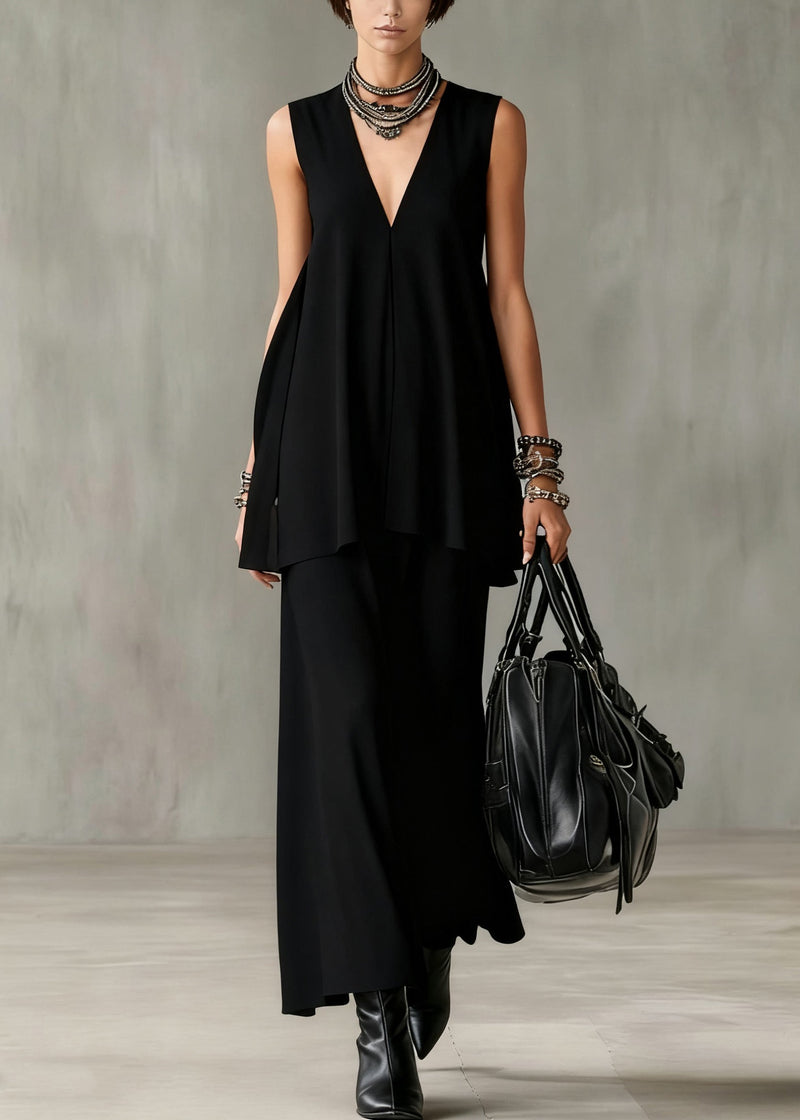 Slim Fit Black V Neck Tops and Skirts Cotton Two Pieces Set Sleeveless