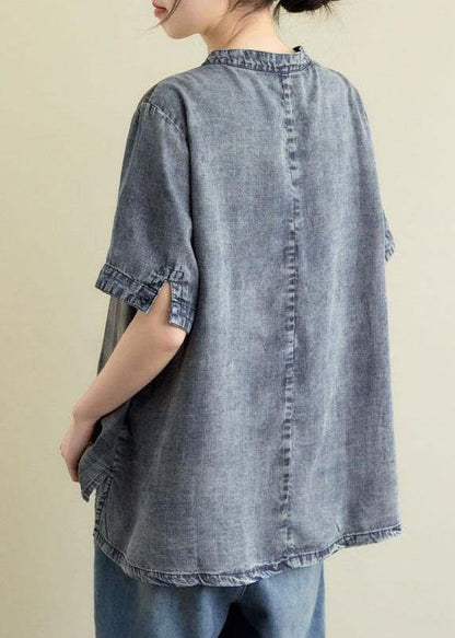 Blue Grey Denim Plaid Patchwork Summer Tops Short Sleeve