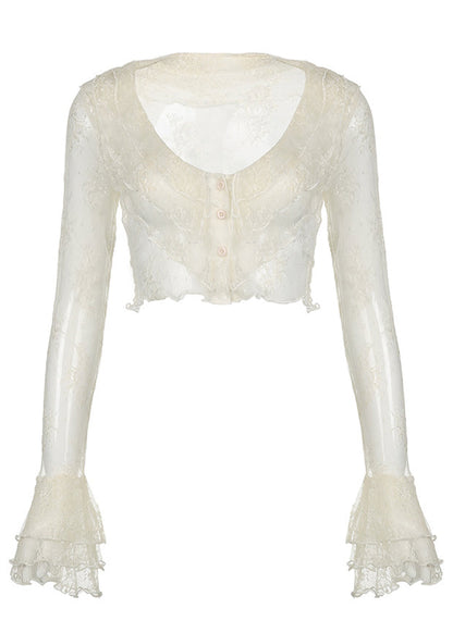 Beige Ruffled Lace Shirt Flare Sleeve