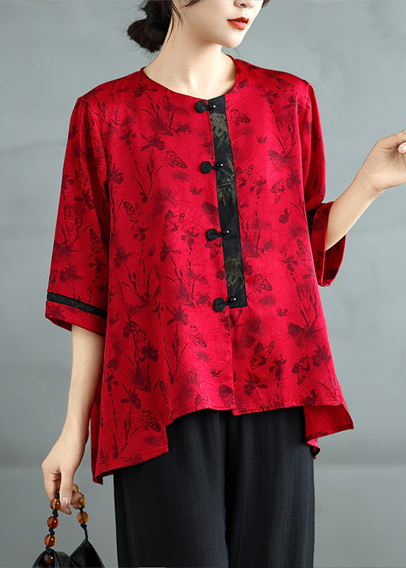 Red Oversized Print Silk Oriental Tops Summer