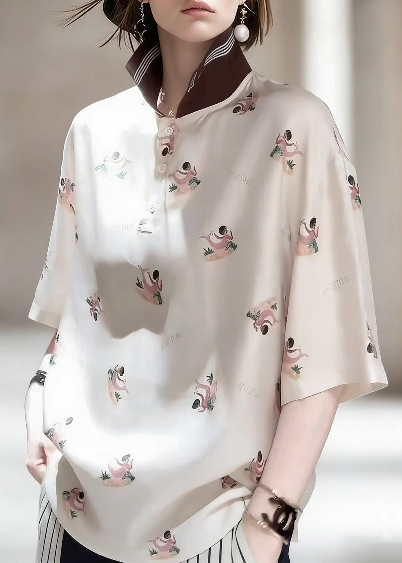 Peter Pan Collar Print Patchwork Silk Shirts Half Sleeve