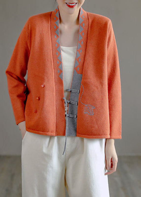 Art Beige V Neck Embroideried Asymmetrical Design Patchwork Fall Knit Sweaters