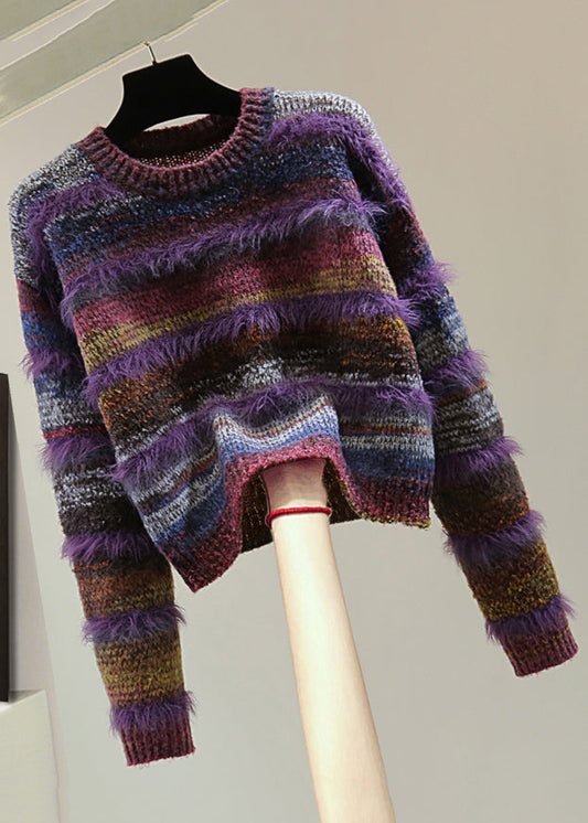 Purple O-neck Thick Striped Cotton Knit Sweater Top Winter