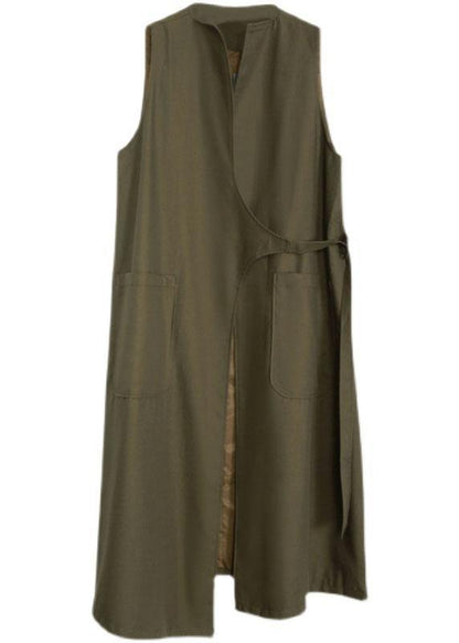 Army Green Asymmetrical Design Pockets Fall Long Waistcoat