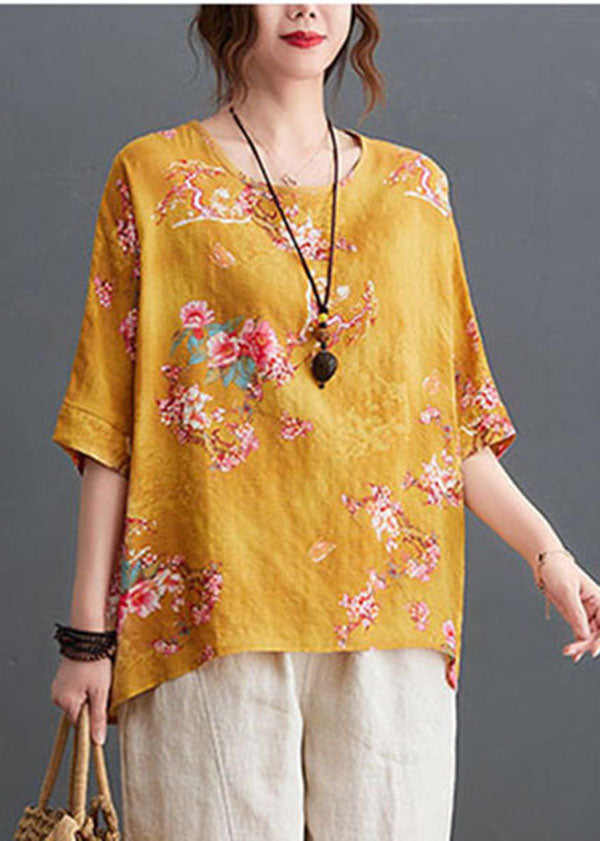 Yellow O-neck Print Linen Tank Tops Half Sleeve