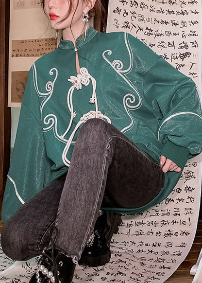 Green Stand Collar Tassel Button Sweatshirts Long Sleeve