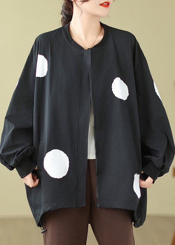 Black Dot Zip Up Drawstring Cotton Coat Long Sleeve