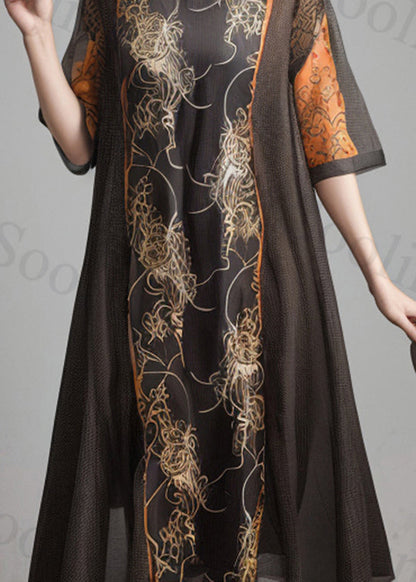 Black O Neck Print Silk Dress Summer