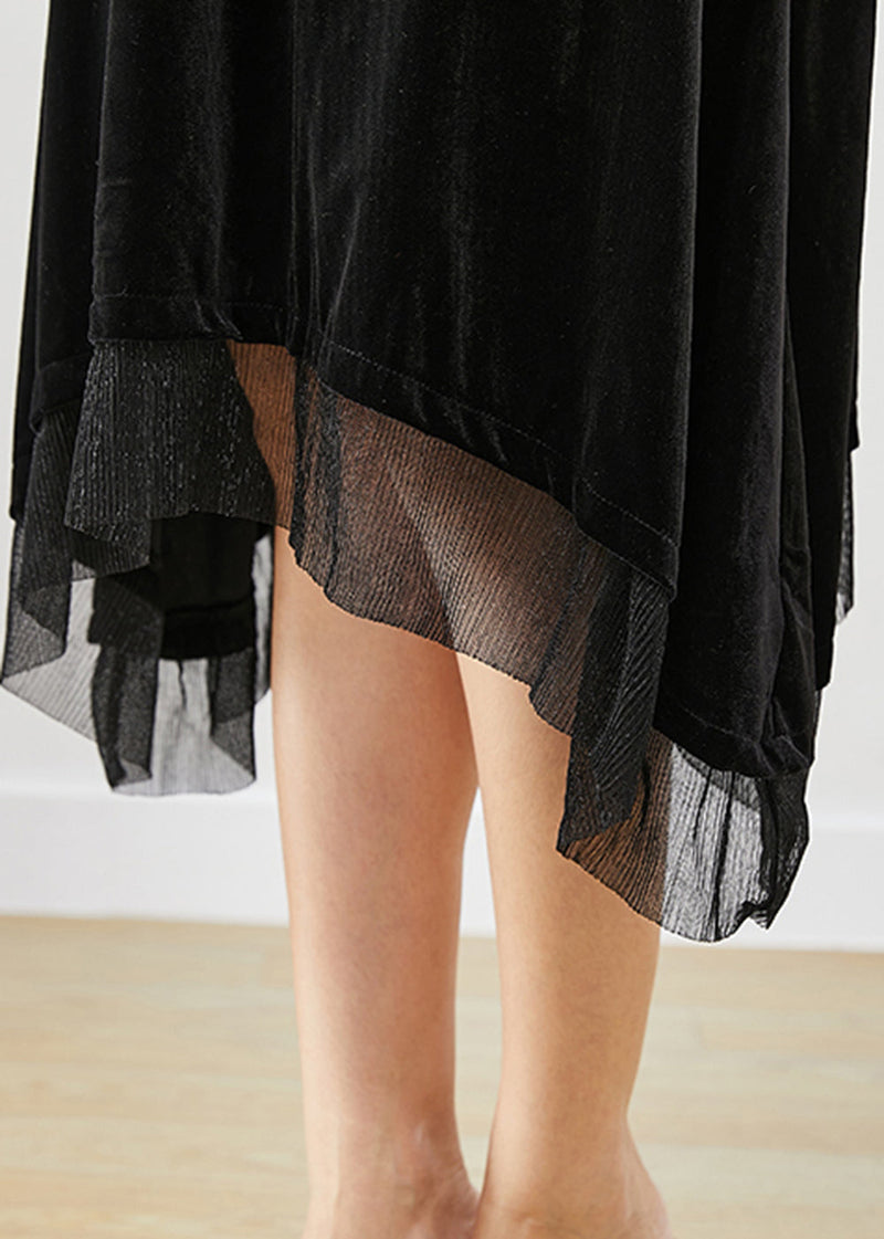 Black Oversized Patchwork Silk Velour Maxi Dresses Fall