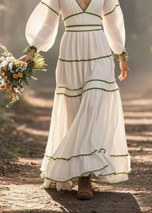White V Neck Exra Large Hem Cotton Dresses Spring