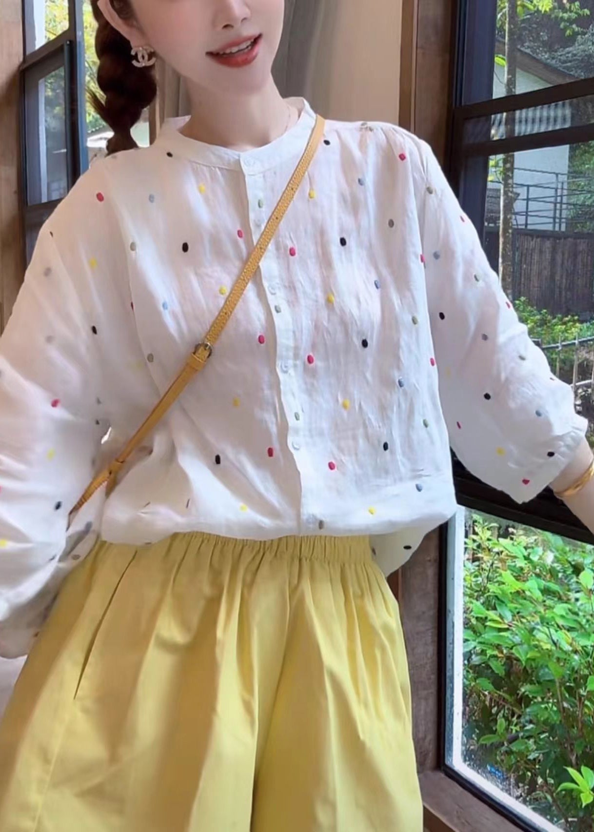 White Stand Collar Print Cotton Shirt Bracelet Sleeve
