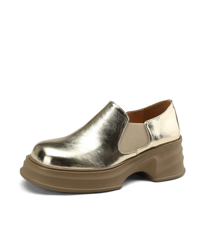 Gold Platform Cowhide Leather Splicing Loafers for