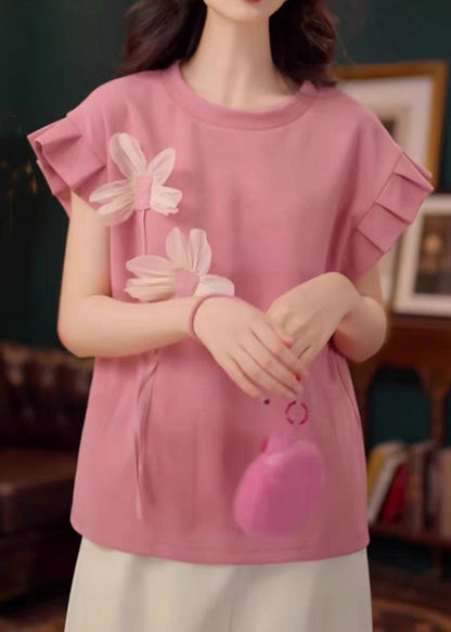 Pink O Neck Patchwork Cotton T Shirt Summer