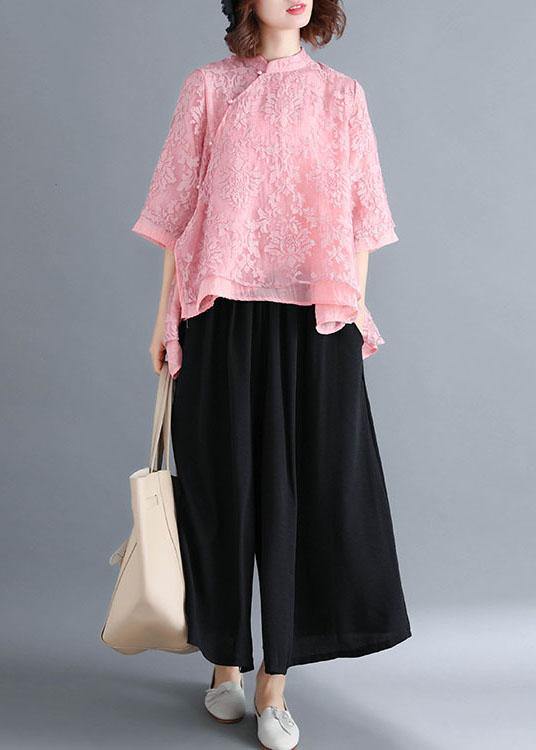 Red Lace Three Quarter Sleeve Oriental Loose Summer Top