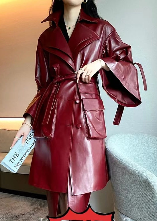 Caramel Tie Waist Pockets Faux Leather Trench Coat Flare Sleeve