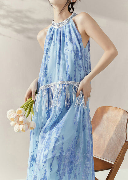 Chinese Style Blue Cold Shoulder Wrinkled Long Dresses Summer