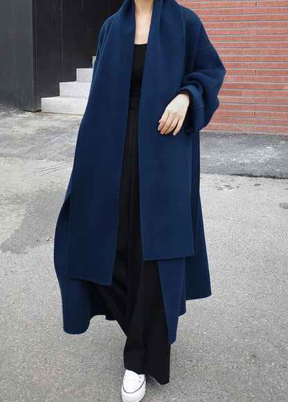 Blue Notched Tie Waist Woolen Coats Long Sleeve Winter