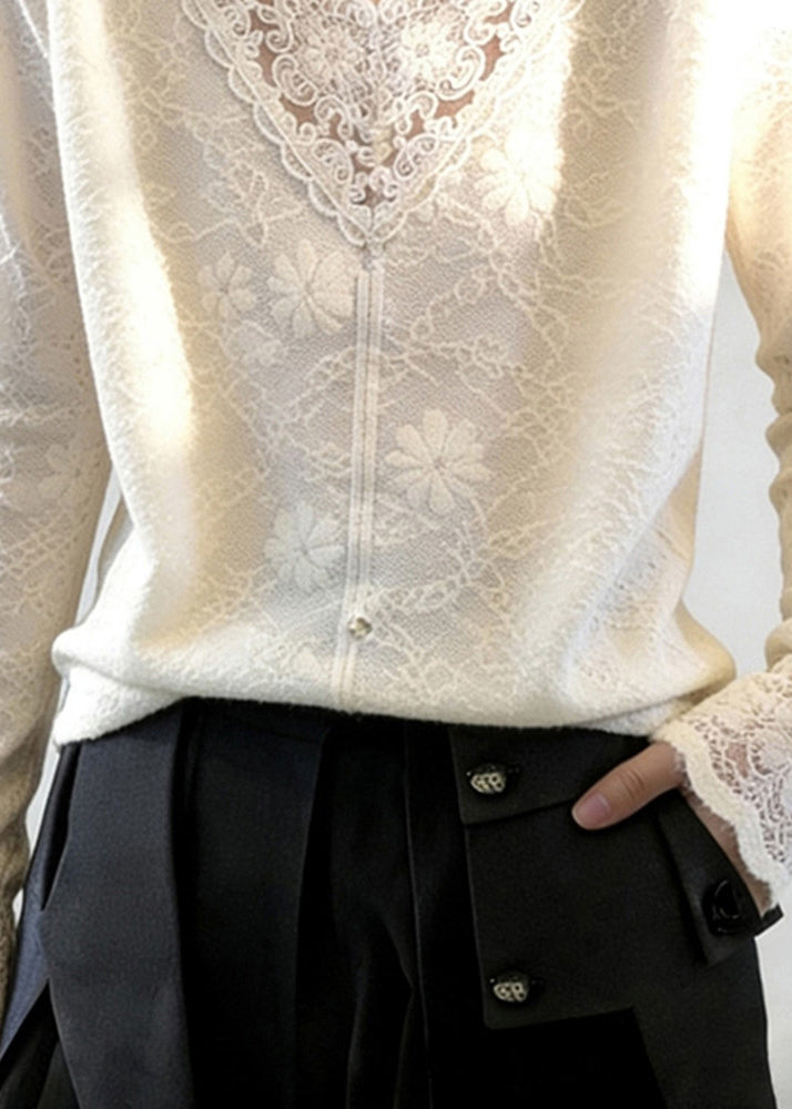White V Neck Patchwork Jacquard Lace Shirt Tops Spring