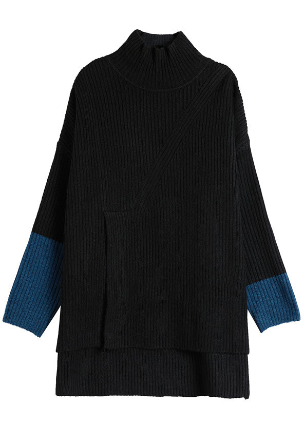 Black Turtle Neck Patchwork Knit Sweaters Spring